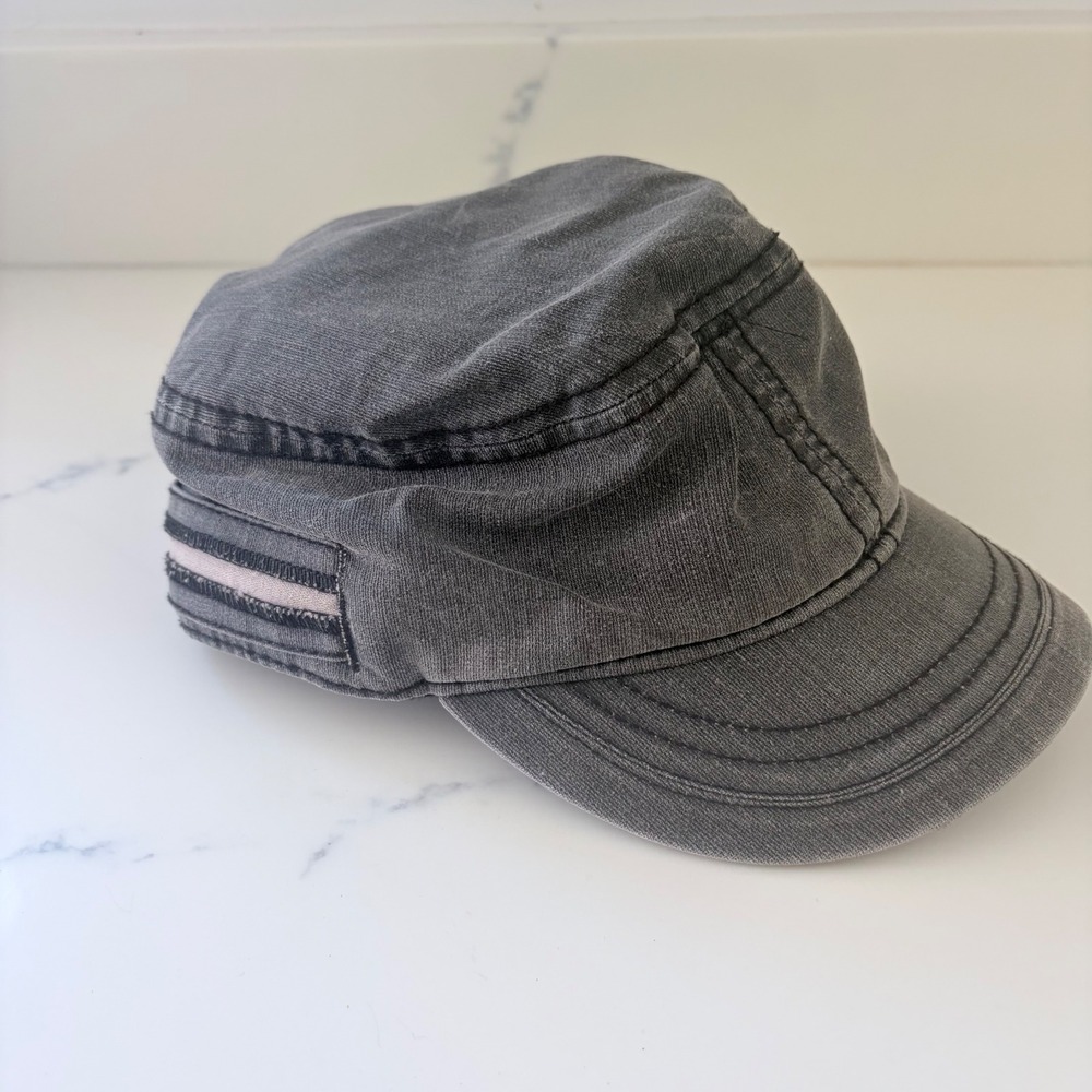 Y2K Virus Mens Charcoal Grey Cotton Denim Cadet Military Style Flat Top Hat M/L